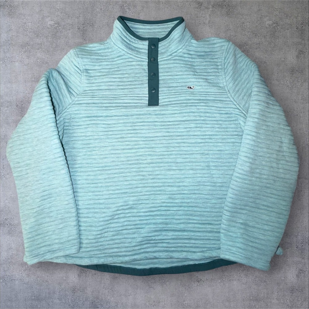 Vineyard Vines Womens XL Mint Green Quilted Snap Neck Pullover Ribbed Sweatshirt
